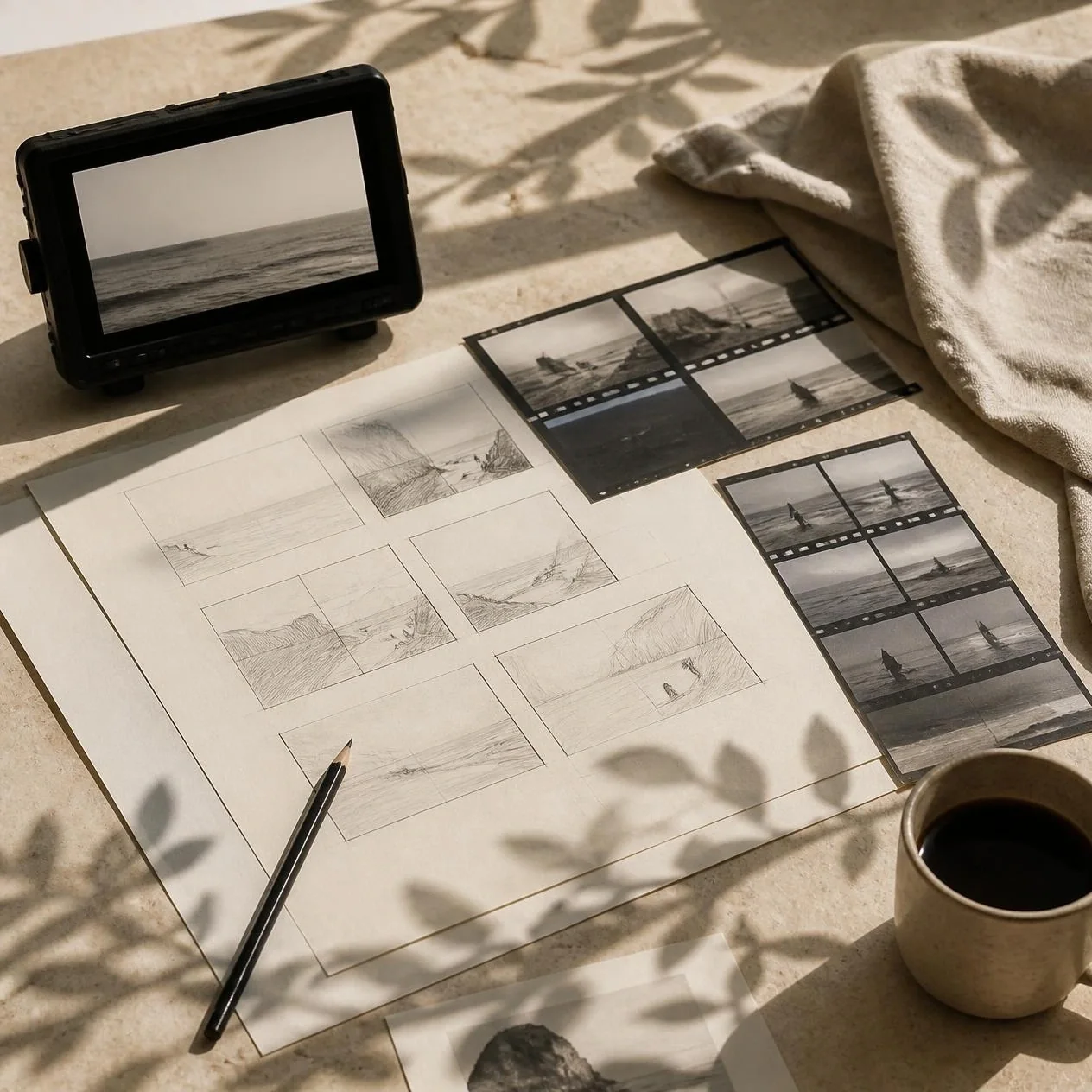 Storyboards and contact sheets on a travertine table