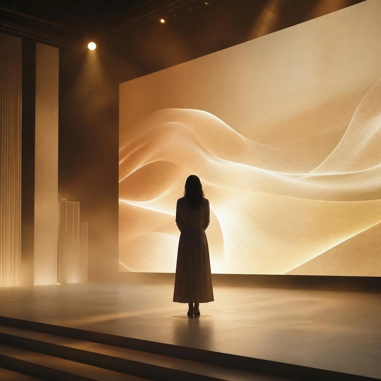 A person seen from behind on a stage facing a giant warm-toned screen