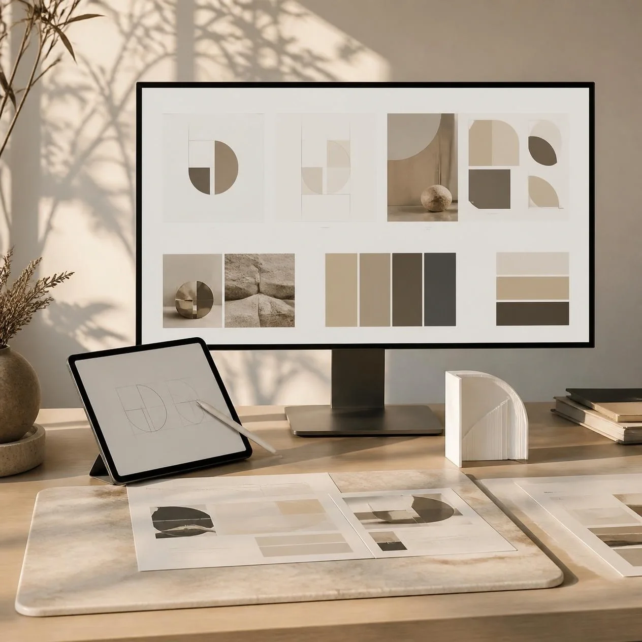 Modern design desk with a brand identity system on screen